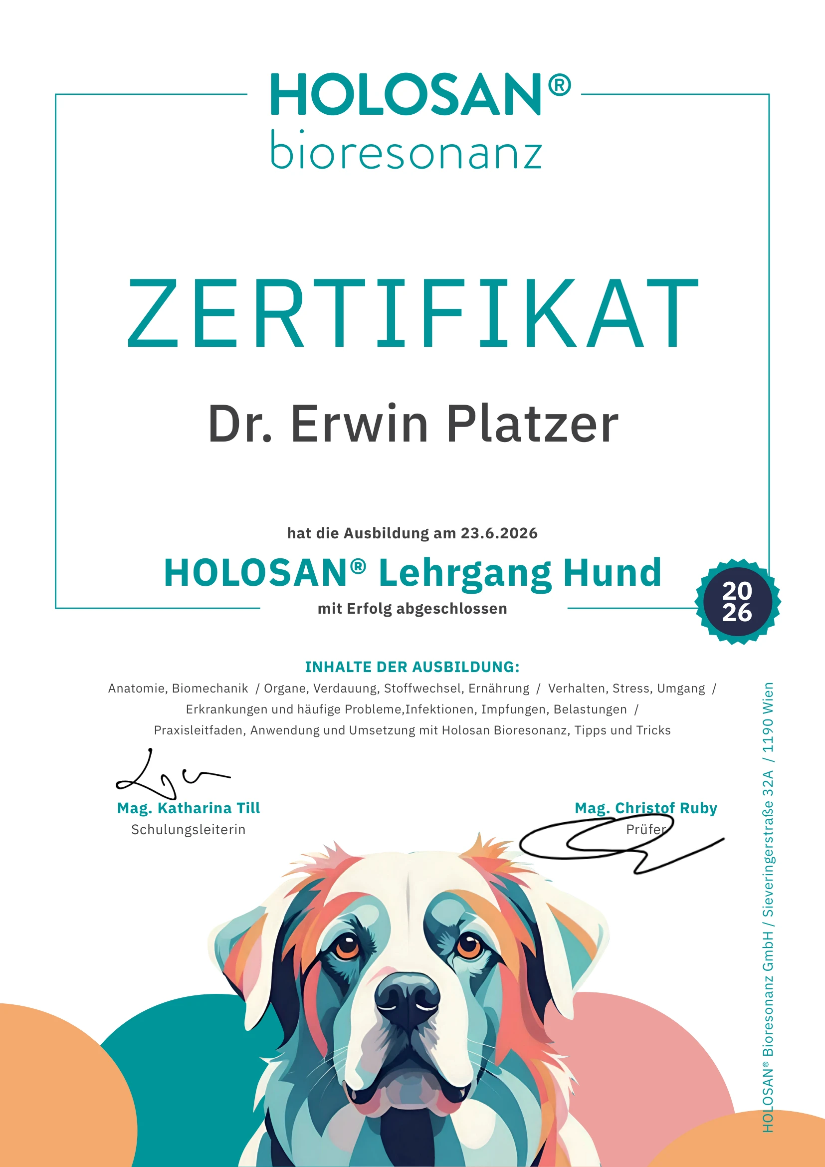 ZERTIFIKAT HOLOSAN Lehrgang Hund 2026 – Dr. mont. Erwin Platzer